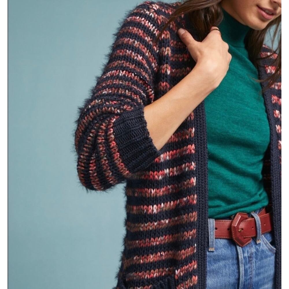 Anthropologie Meadow Rue Navy Multicolor Chunky Knit Open Cardigan Sweater-Med